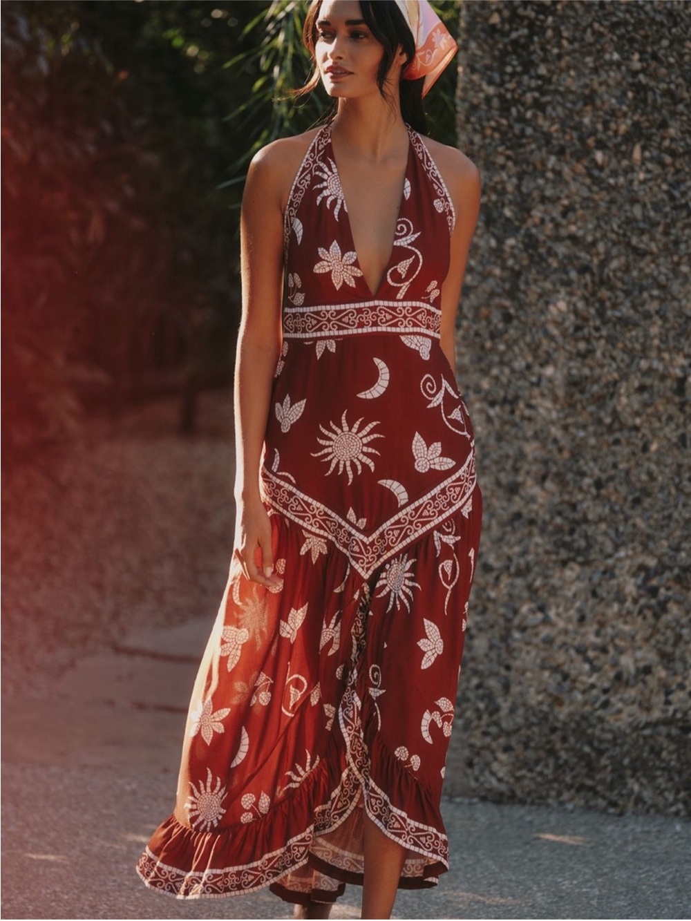Anthropologie Rust Halter Maxi Dress with White Boho Motif